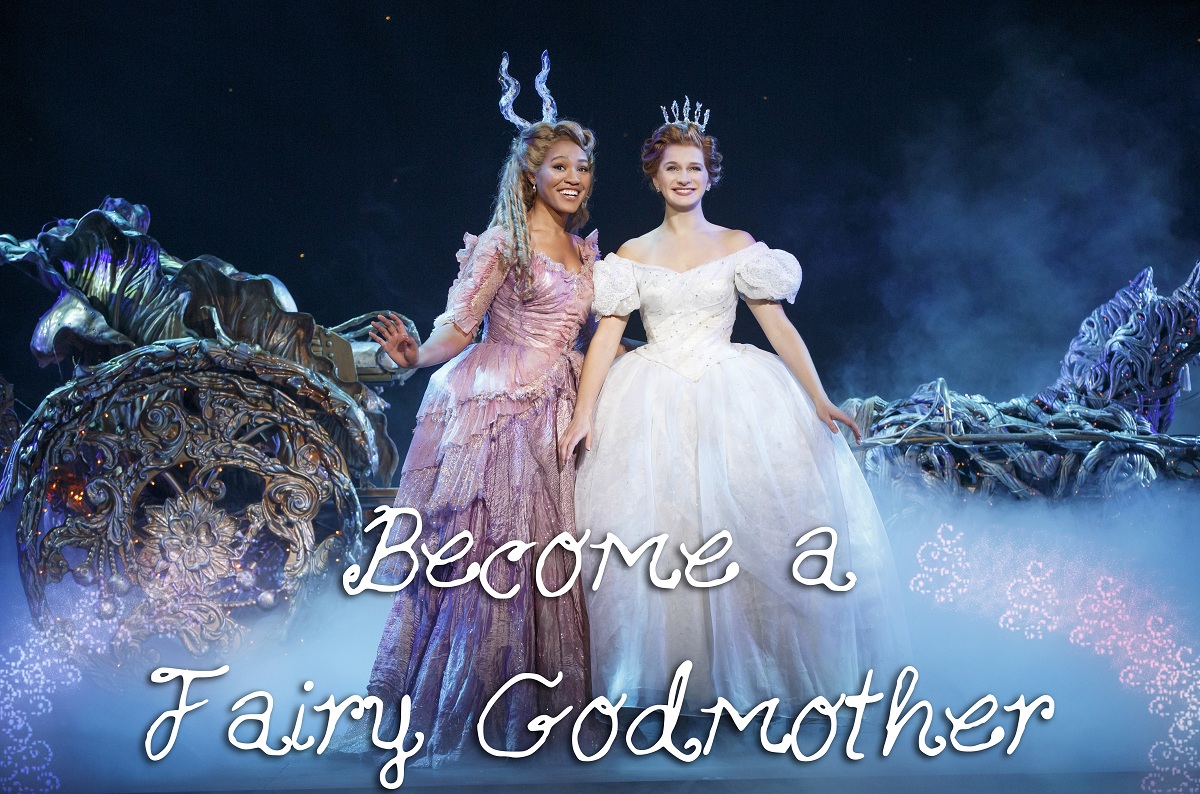 Cinderella in a white dress standing next to the fairy godmother in a pink dress. Text reads: "Become a fairy godmother."