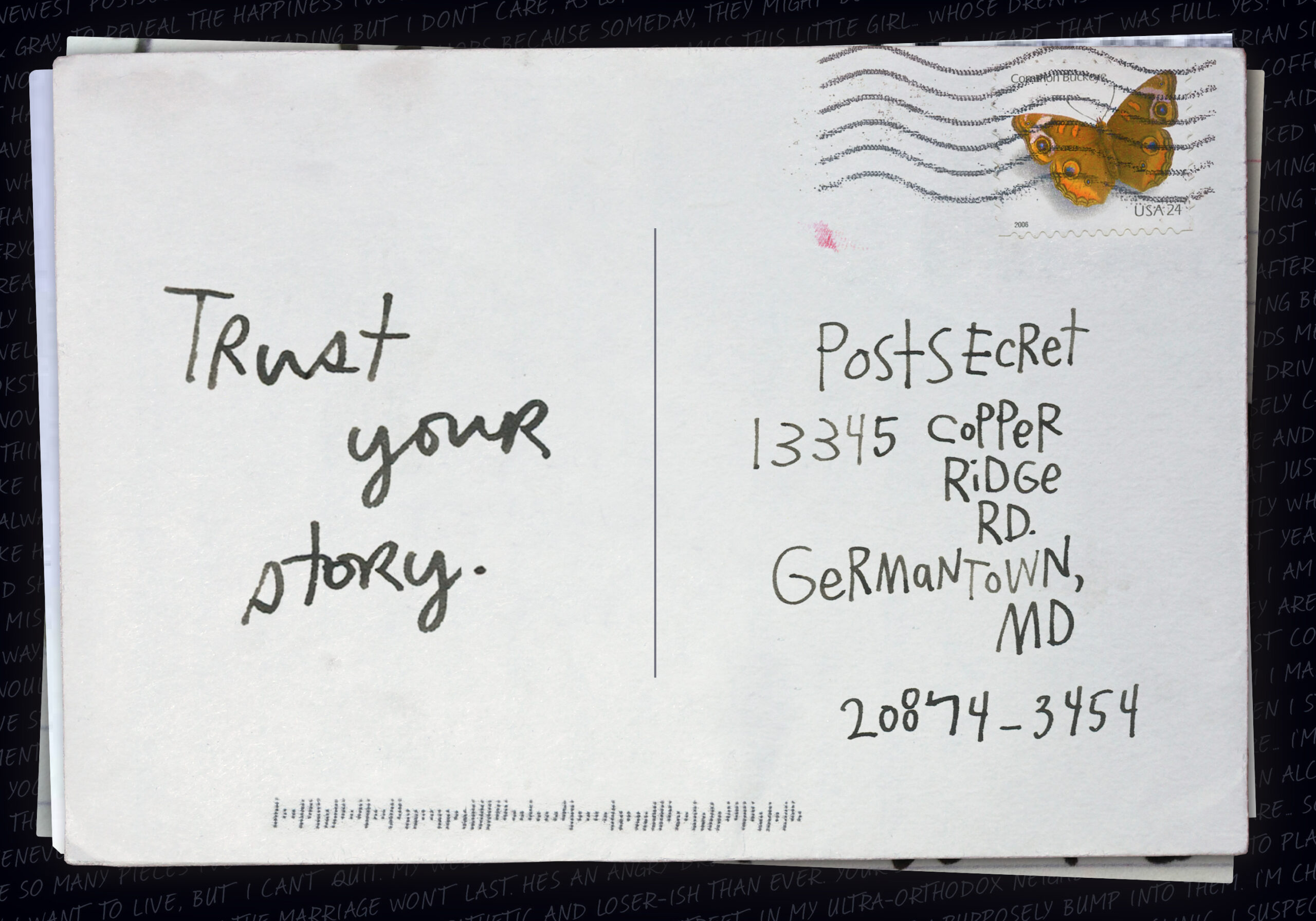 A post card that reads "Trust your story."