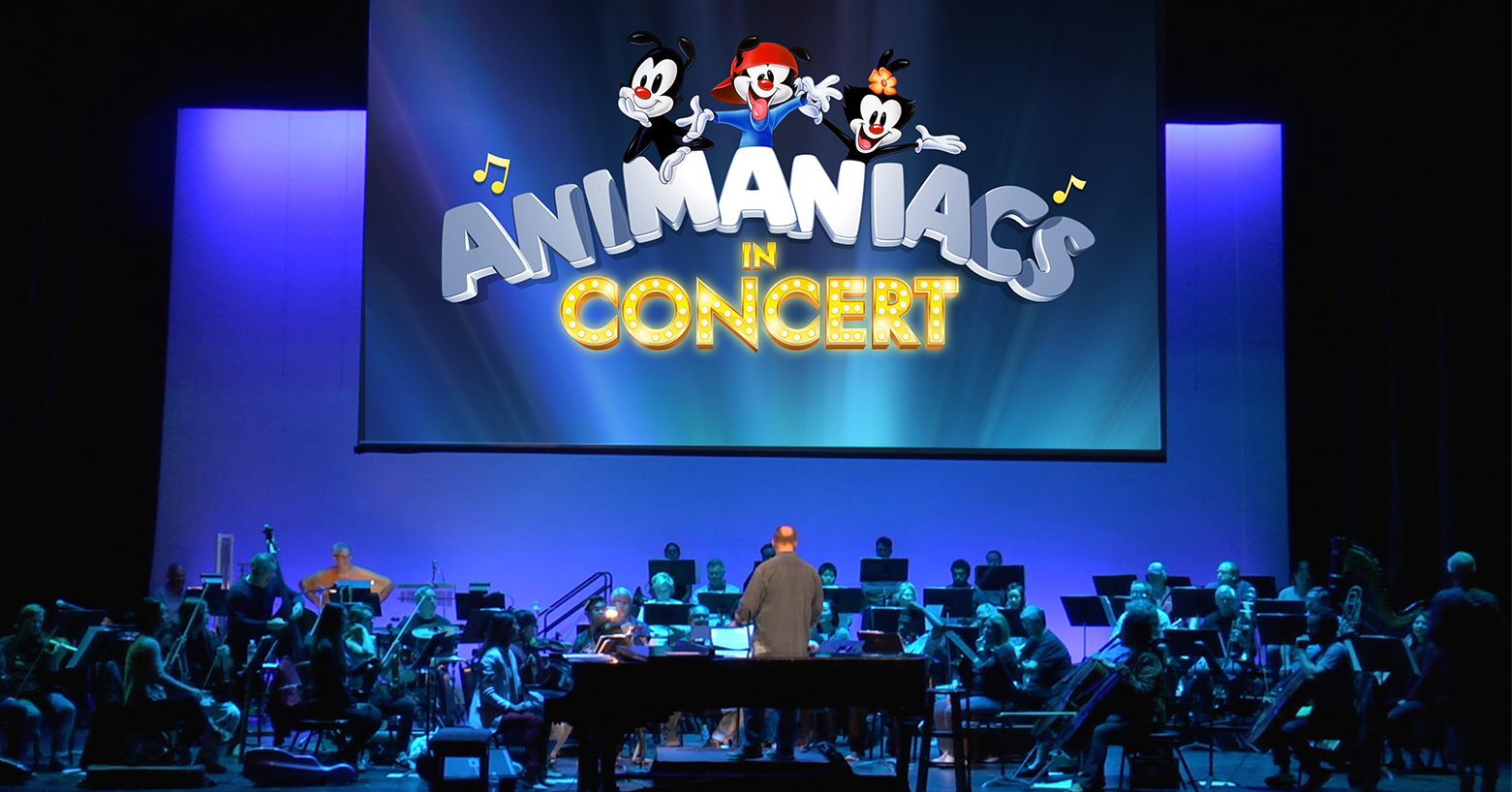 An orchestra with the Animaniacs projected above them.