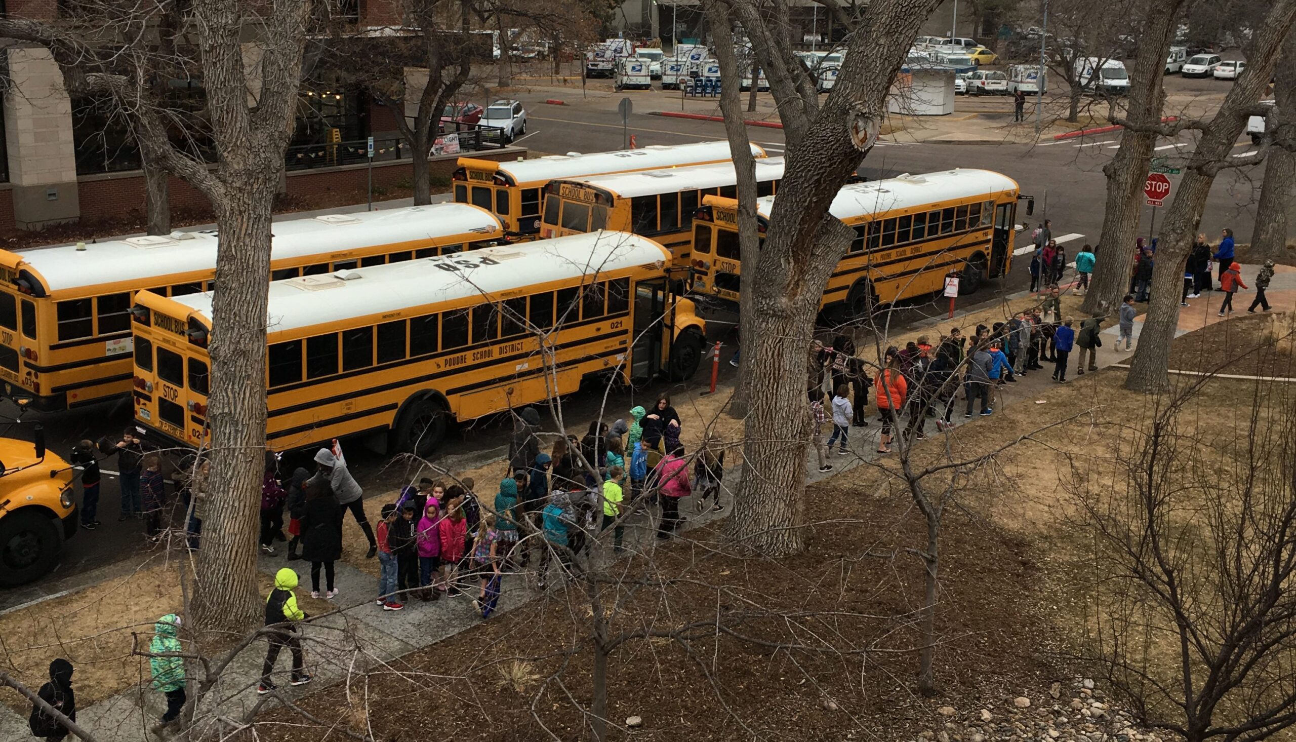 A photo from the Rooftop Deck of buses of excited students pulling into The Lincoln Center.