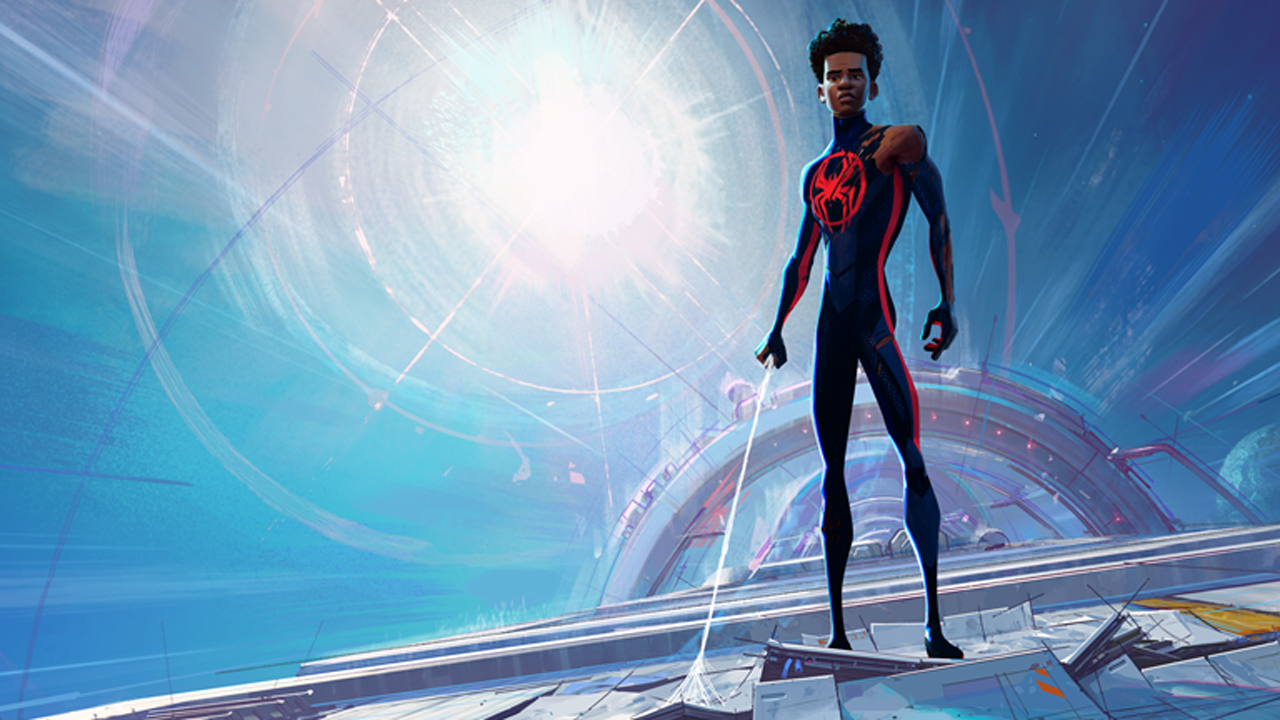 Miles Morales standing in his Spider-Man costume looking very serious.