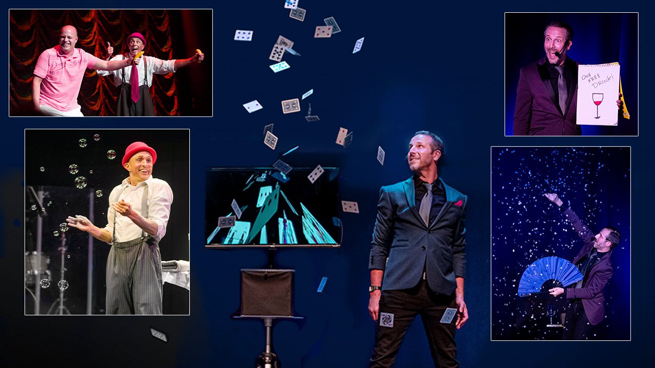 Image montage highlighting several of the moments of the "A Night of Magic and Comedy" show, including images of happy audience members interacting with the performers, card tricks, magic tricks with bubbles and other illusions.