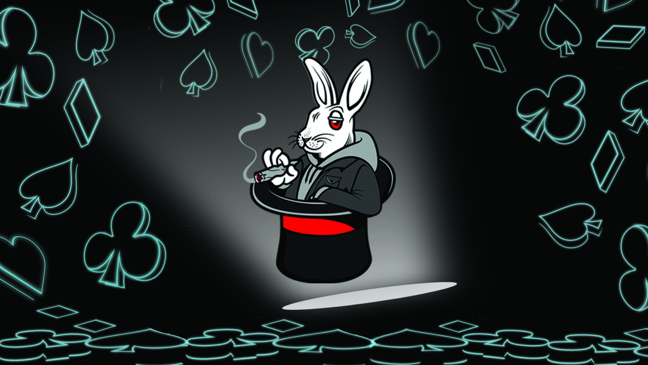 Cartoon image of white rabbit holding a cigar or joint coming out of a red hat. Different suits of cards floating in the background.