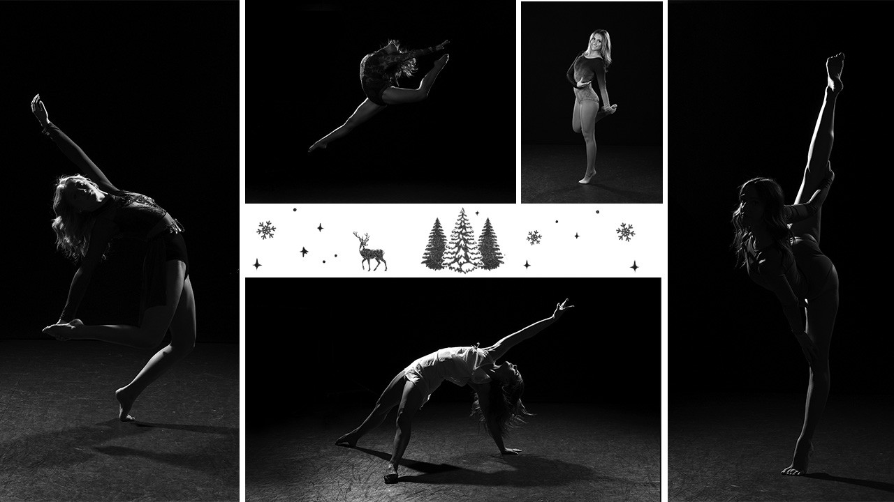 A black and white collage of ballet dancers circling an illustration of pine trees and snowflakes.