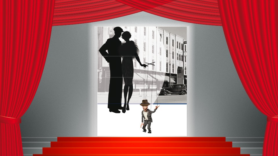 Two silhouettes standing on stage controlling a marionette in front of a 1930s backdrop.