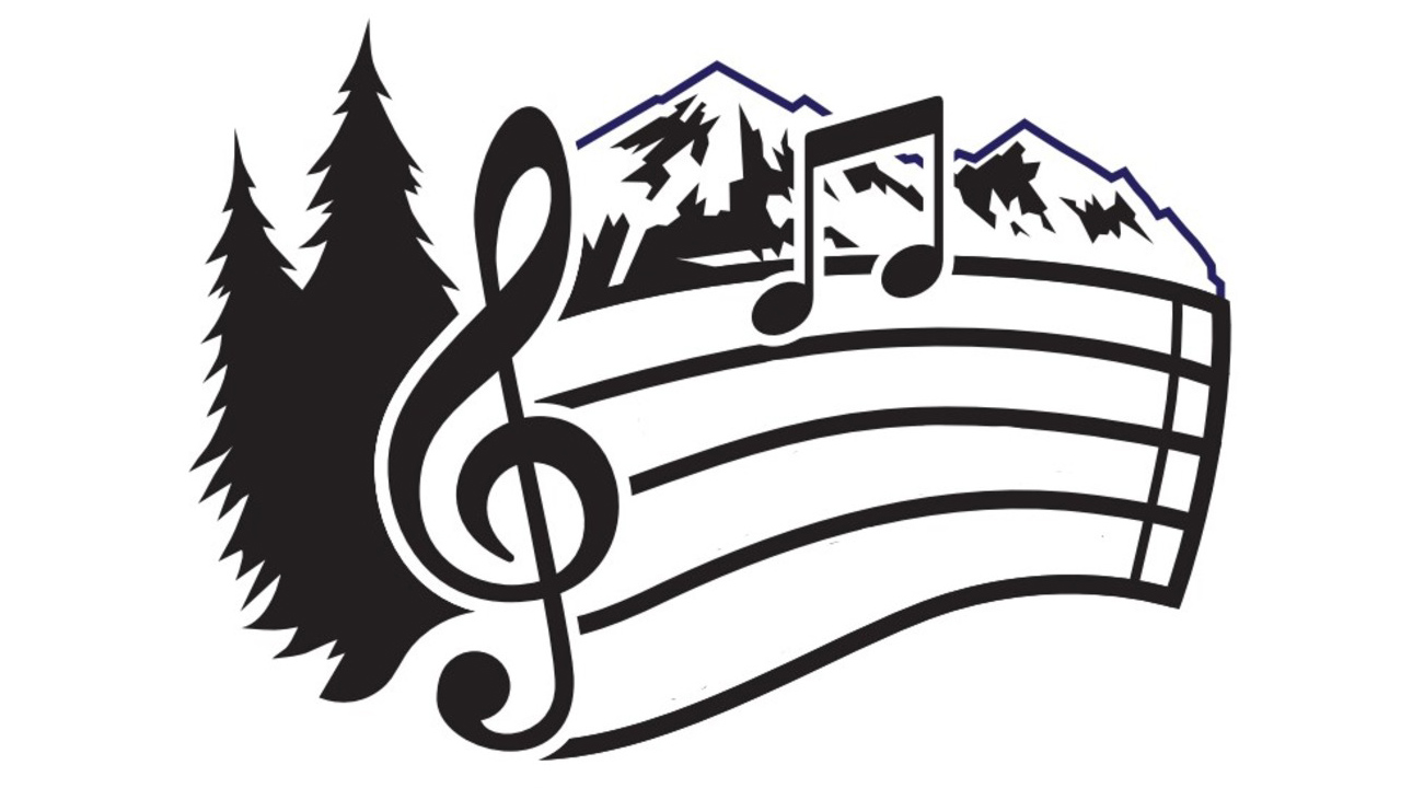 A treble clef music staff with two eighth notes sits against a background of pine trees and mountaintops.